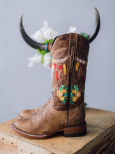 Brown Longhorn Embroidered Round Wide Calf Tall Cowgirl Boots